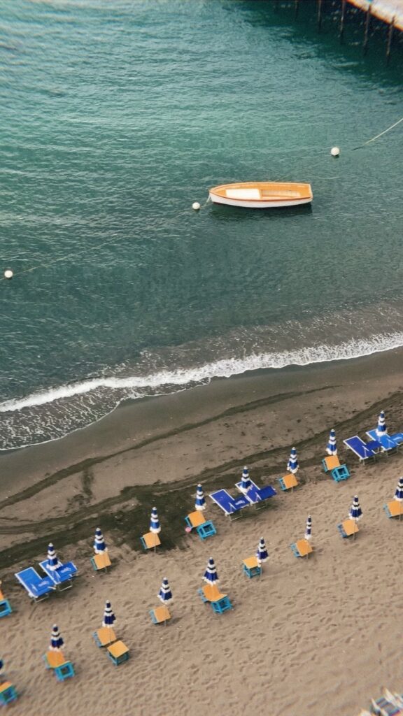 A view from above, overlooking a beach club in Sorrento, Italy.